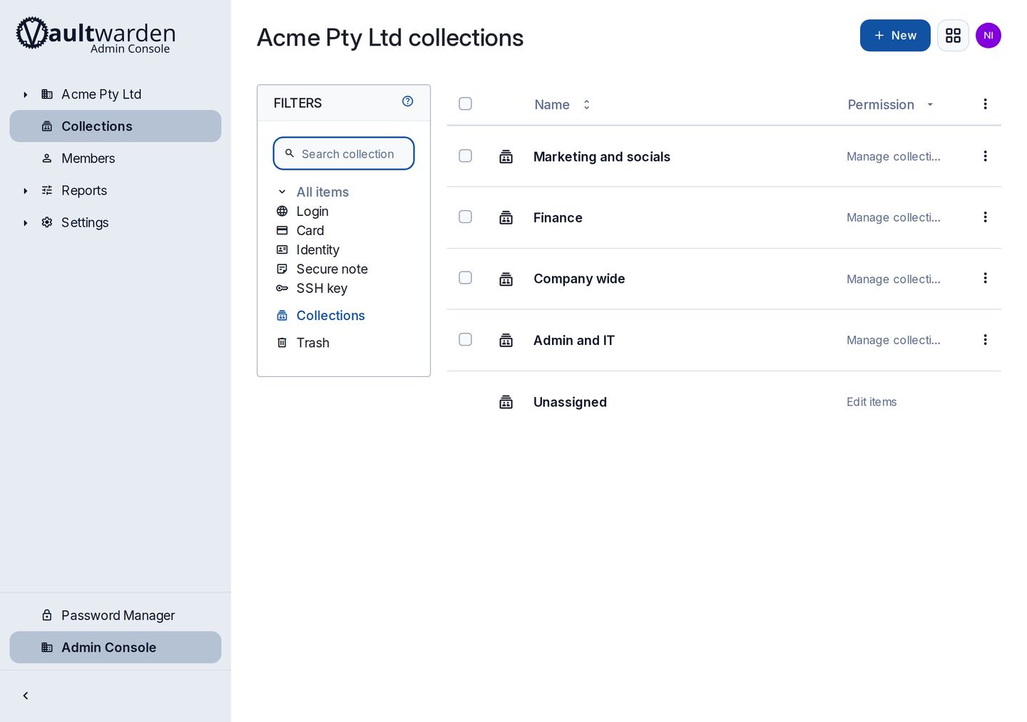 The Collections screen of the Admin Console in a BusinessOps vault, listing Marketing and socials, Finance, Company wide and Admin and IT