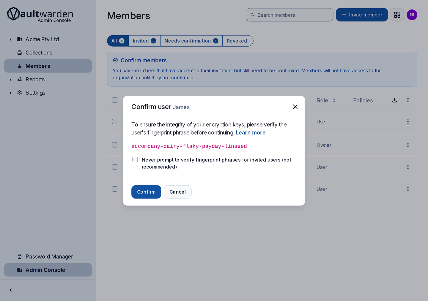 The Confirm user dialog in a BusinessOps vault, showing a five word fingerprint phrase to verify before confirming a member