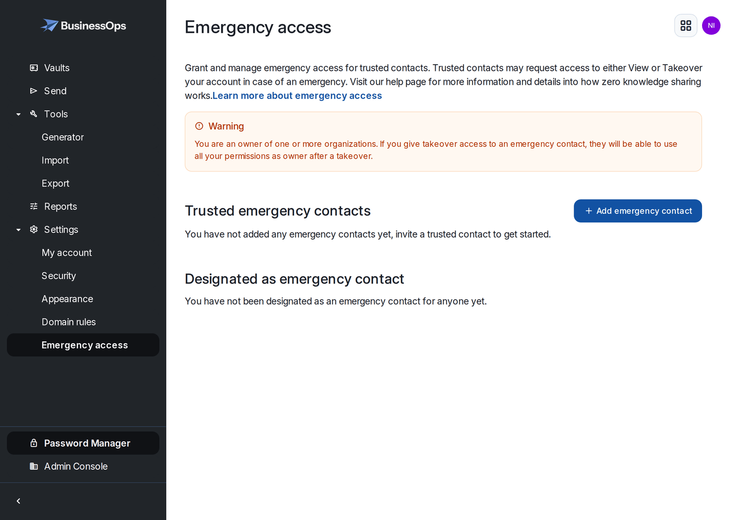 The Emergency access screen in a BusinessOps vault, where a trusted contact can be added