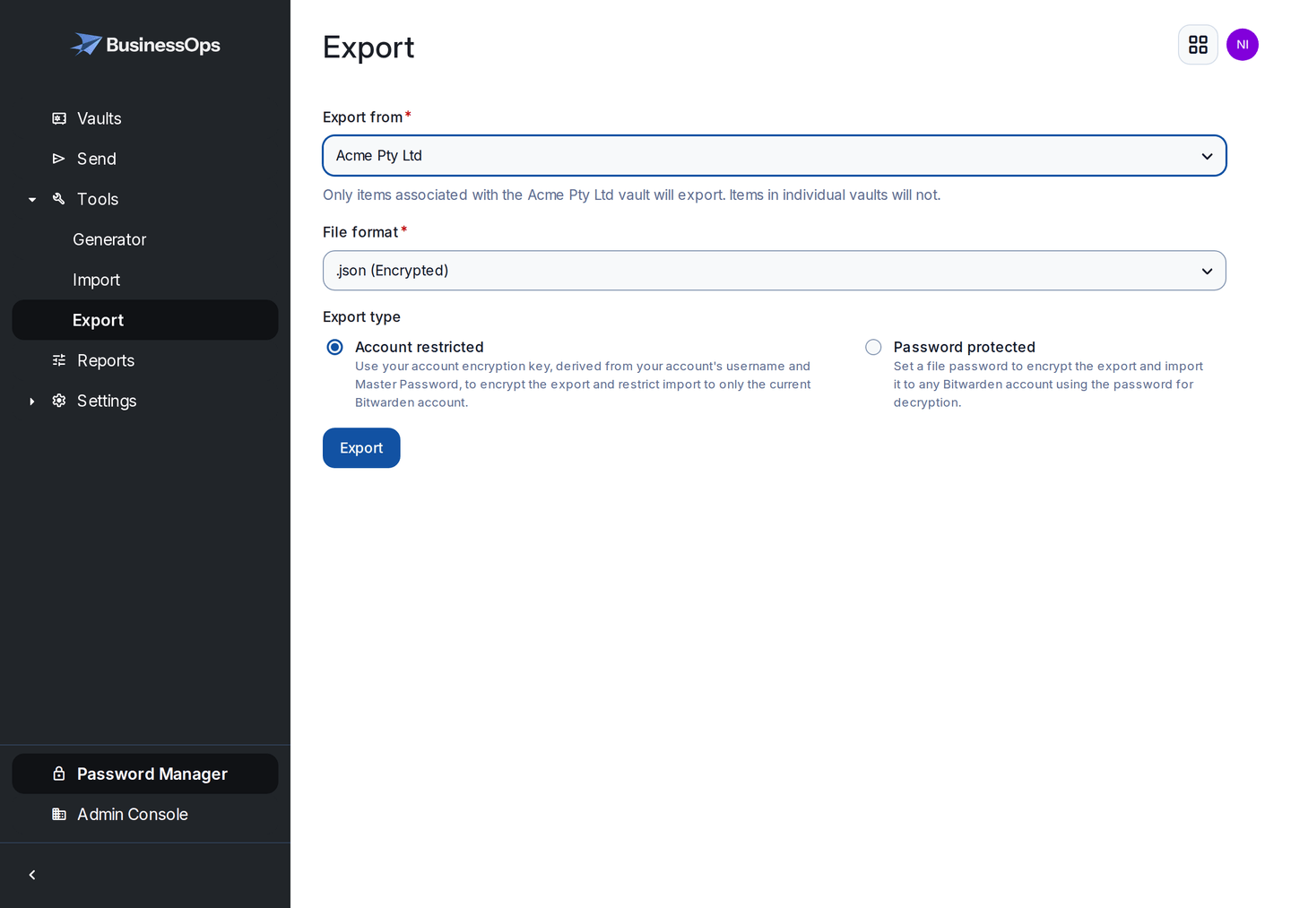 The Export screen of a BusinessOps vault with Export from set to Acme Pty Ltd, the file format set to encrypted JSON, and the export type options