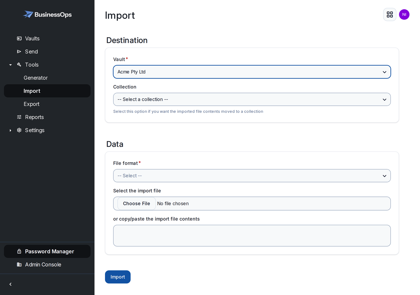 The Import screen of a BusinessOps vault, with the destination vault set to Acme Pty Ltd and a collection selector below it