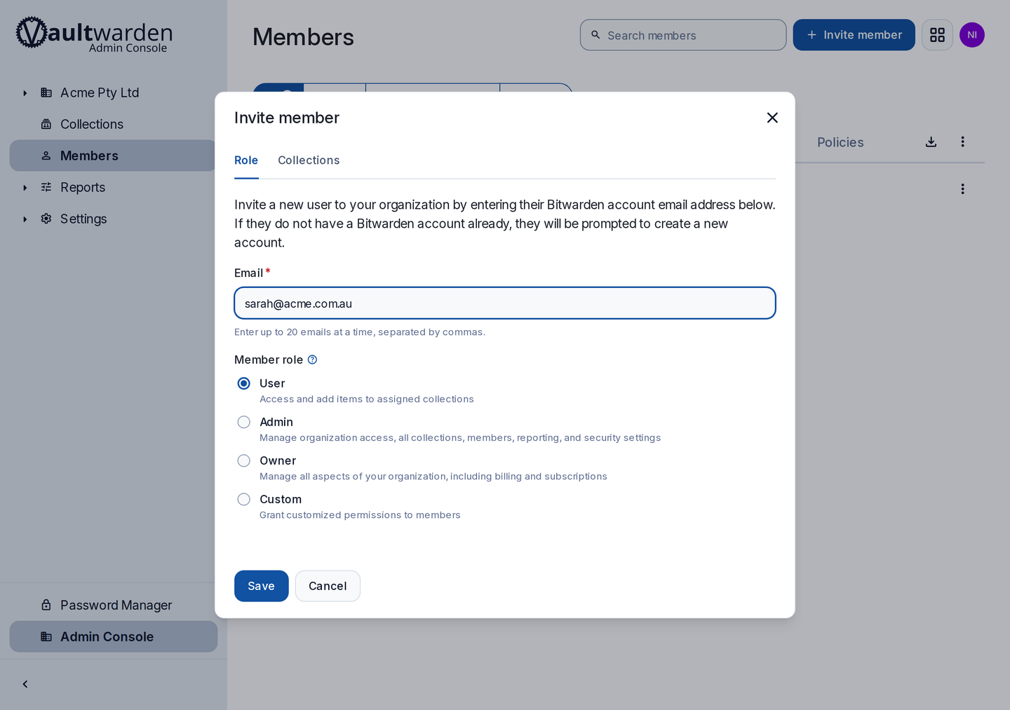 The Invite member dialog in a BusinessOps vault, with an email address entered and the member role options User, Admin, Owner and Custom