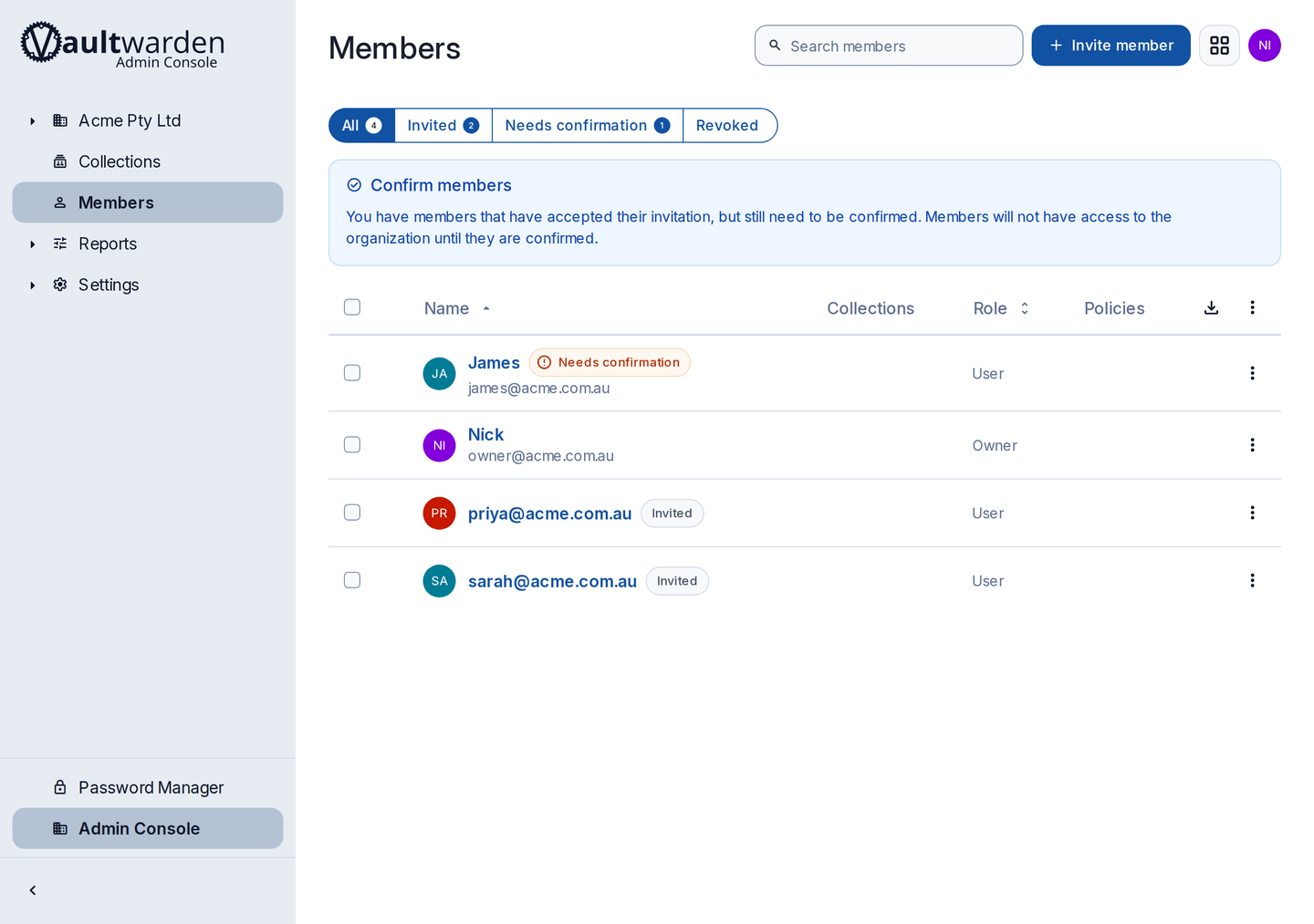 The Members screen of a BusinessOps vault showing tabs for All, Invited and Needs confirmation, with a banner explaining that accepted members still need confirming