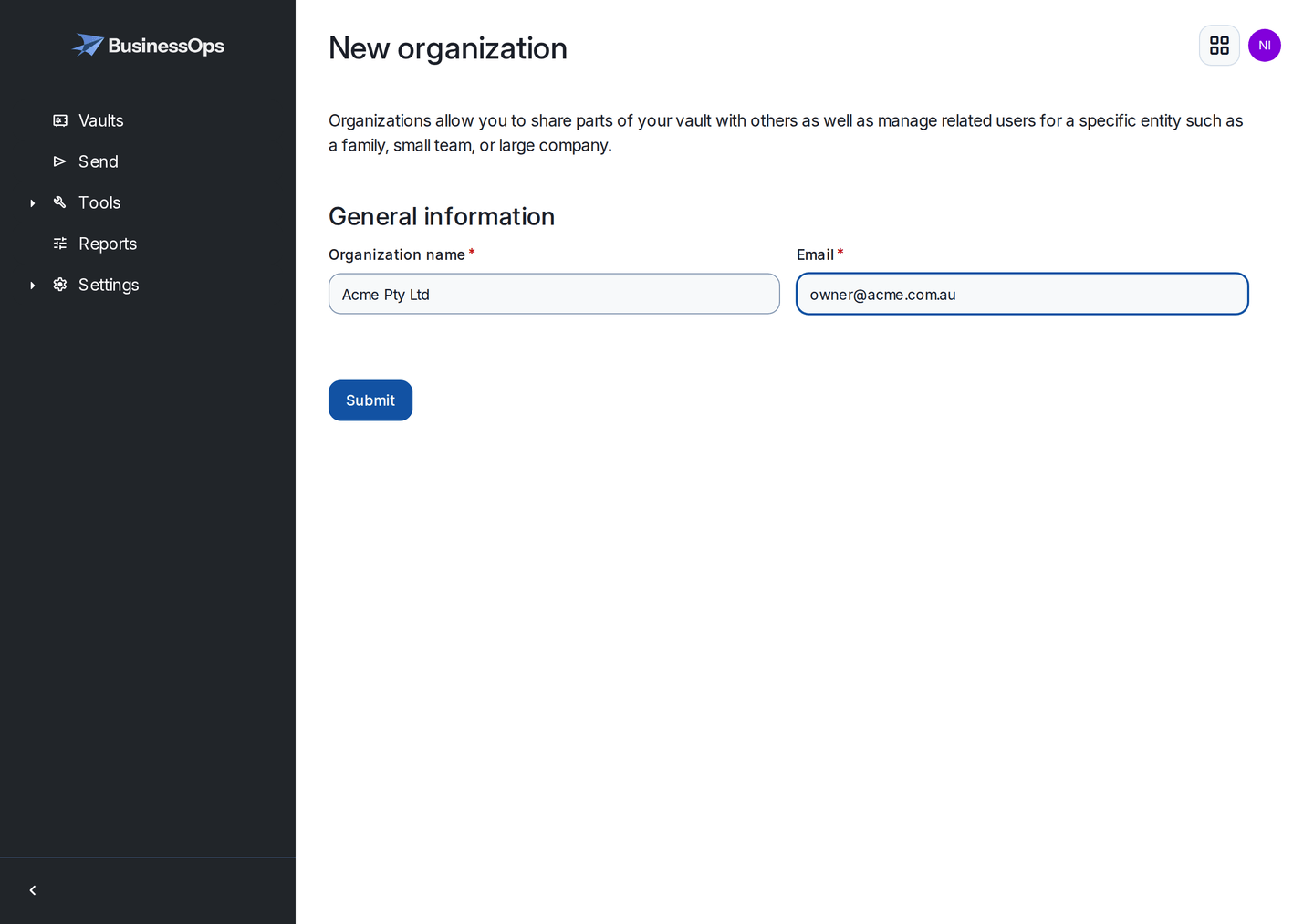 The new organisation form in a BusinessOps vault, with the organisation name Acme Pty Ltd and an email address
