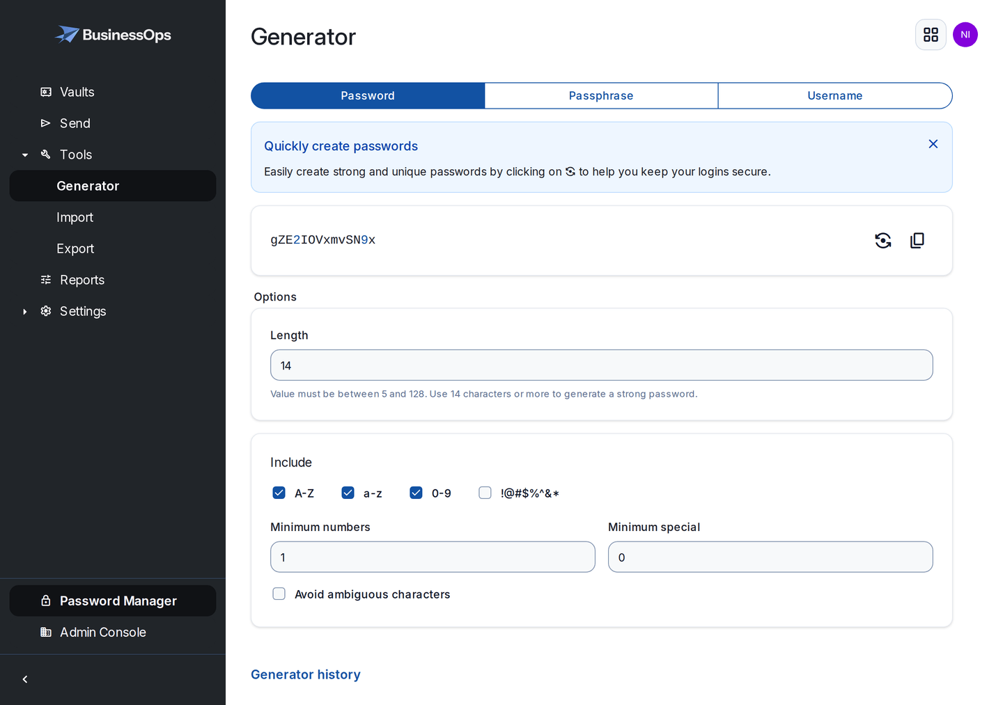 The password generator in a BusinessOps vault, with options for password, passphrase and username