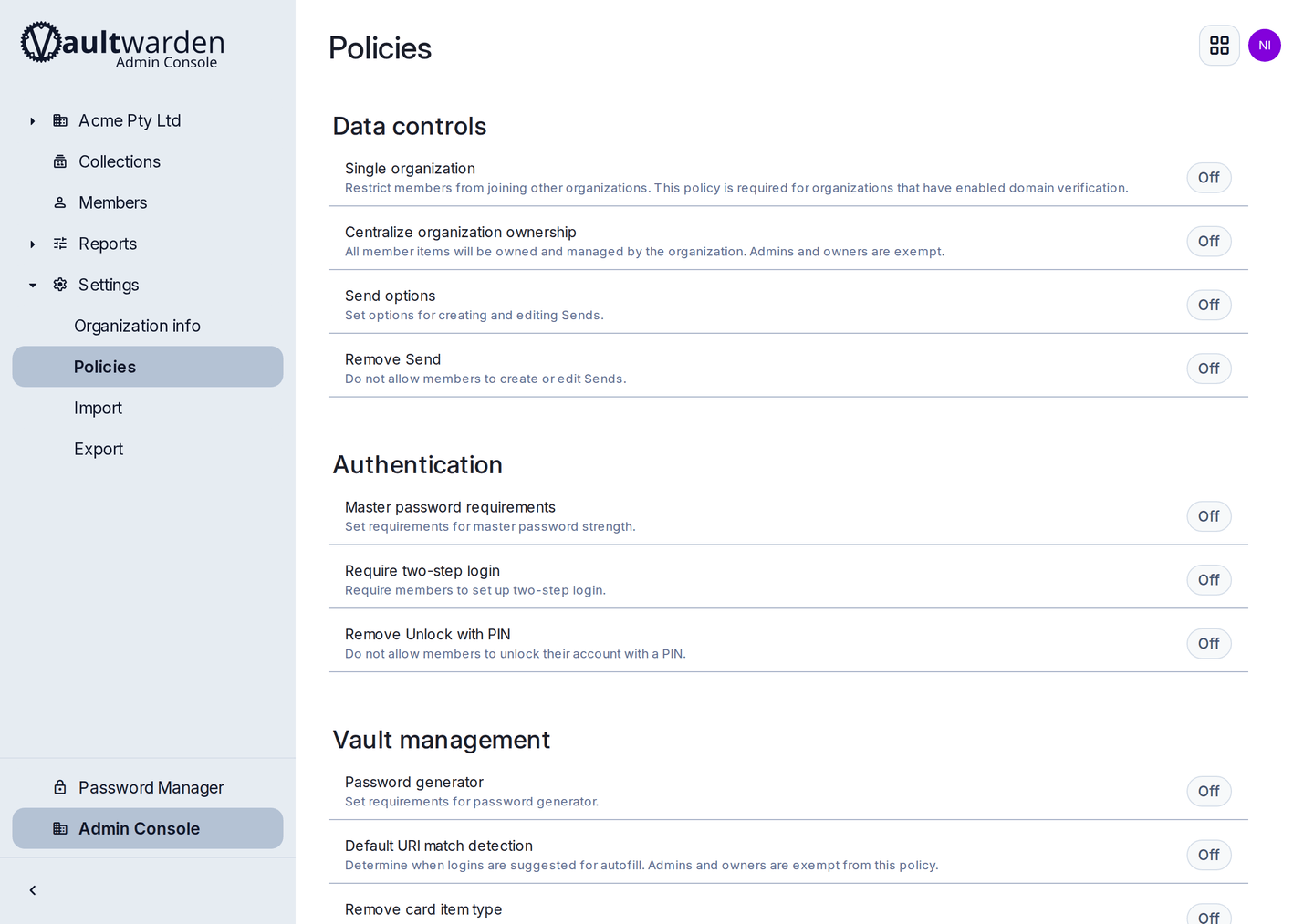 The Policies screen of the Admin Console in a BusinessOps vault, listing organisation policies including account recovery administration