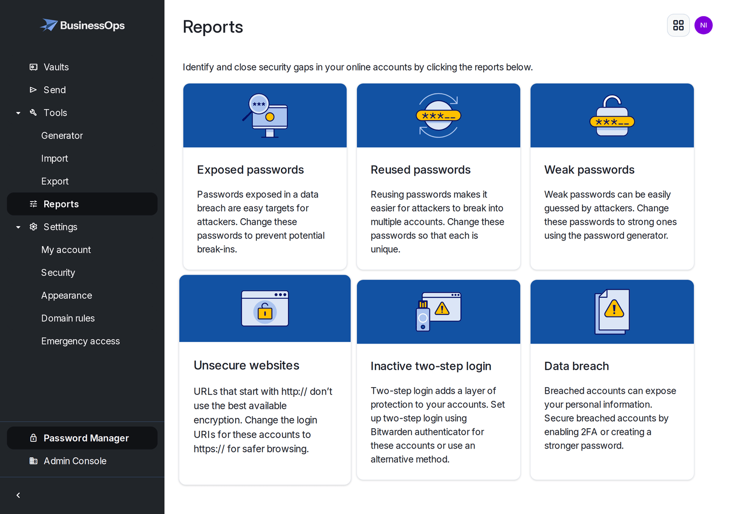 The Reports screen in a BusinessOps vault, listing checks for exposed, reused, weak and unsecured passwords