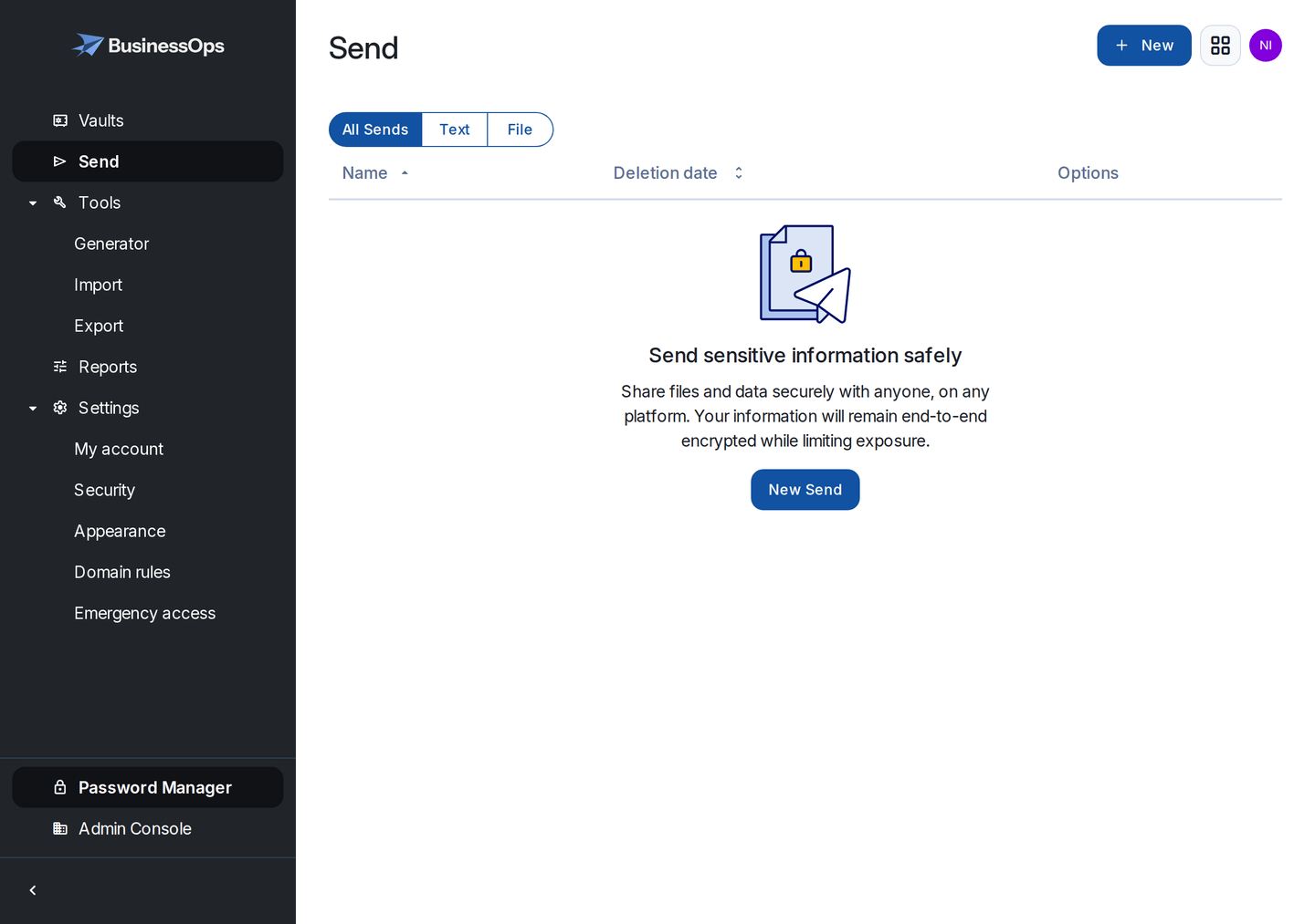 The Send screen in a BusinessOps vault, used to share a password by link with an expiry date