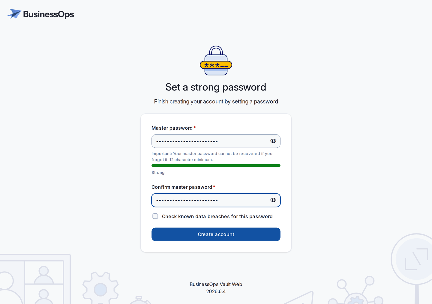 The BusinessOps Passwords screen for setting a master password, showing the password strength meter and a warning that master passwords cannot be recovered