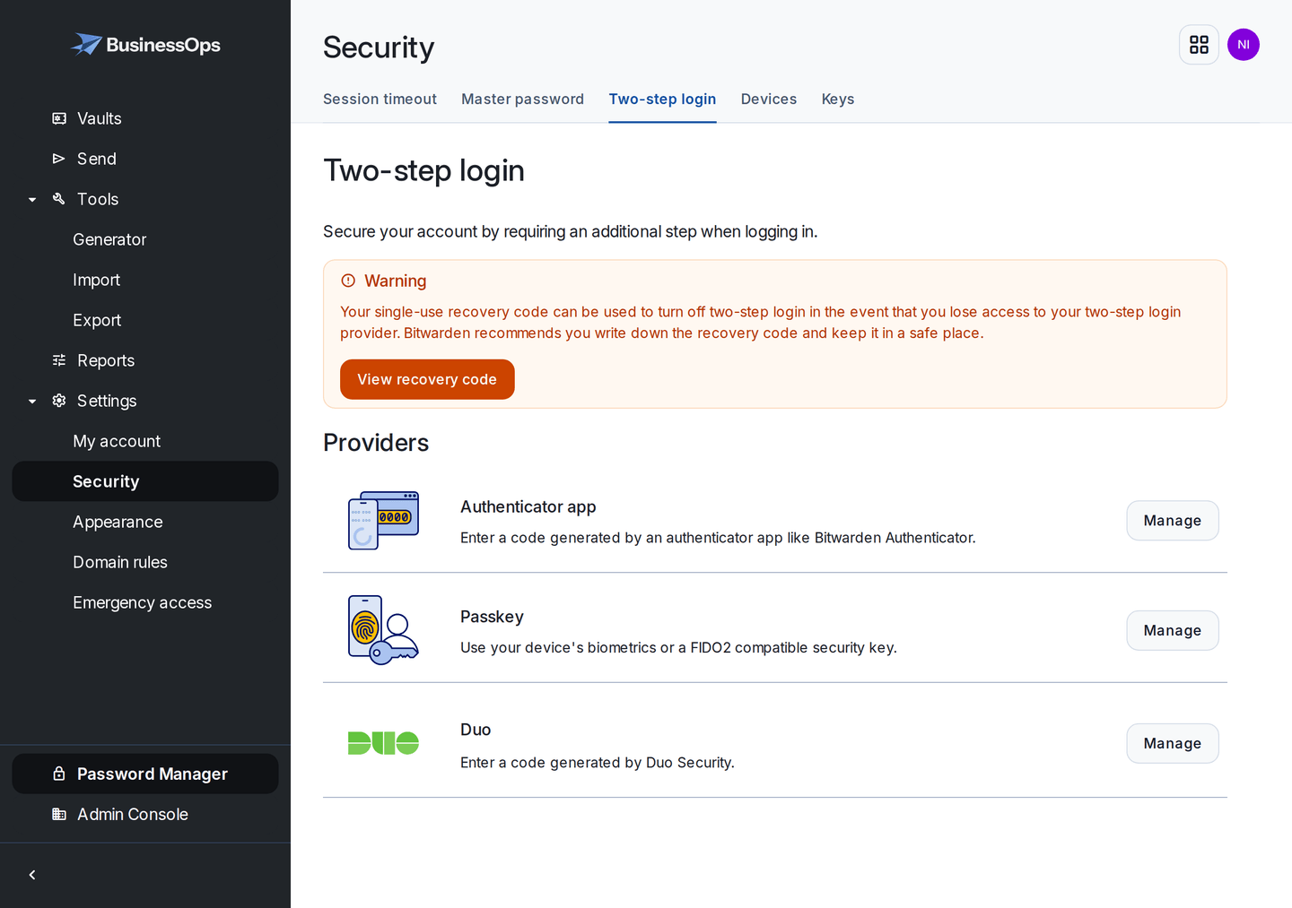 The two-step login screen in a BusinessOps vault, listing the available methods